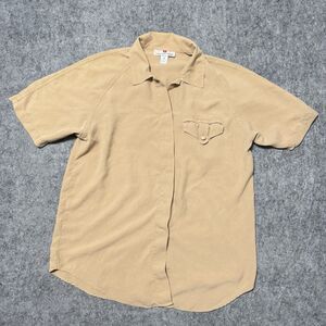 Vintage 80s Stunt Collections 100% Silk Shirt M Tan Hidden Button Safari Boxy